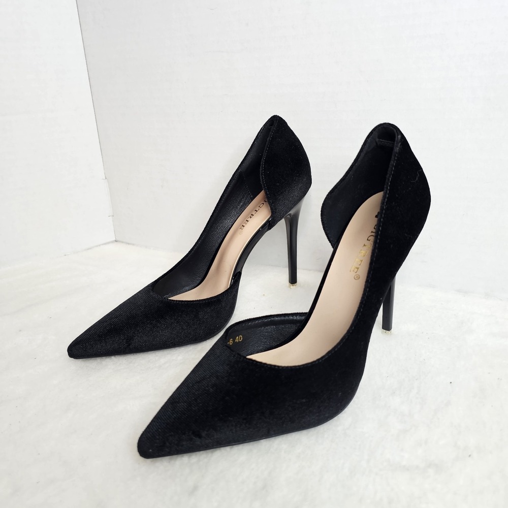 BIGTREE Black Solid Pointed Toe Stiletto Pump Heels Women Slip On Size US 8